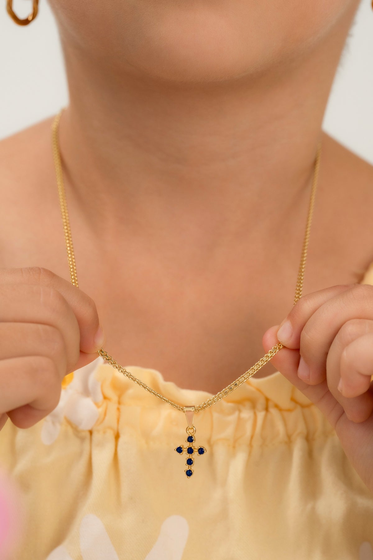 Cadena tejido chino 3mm 45cm+ dije cruz 6 circonias azul